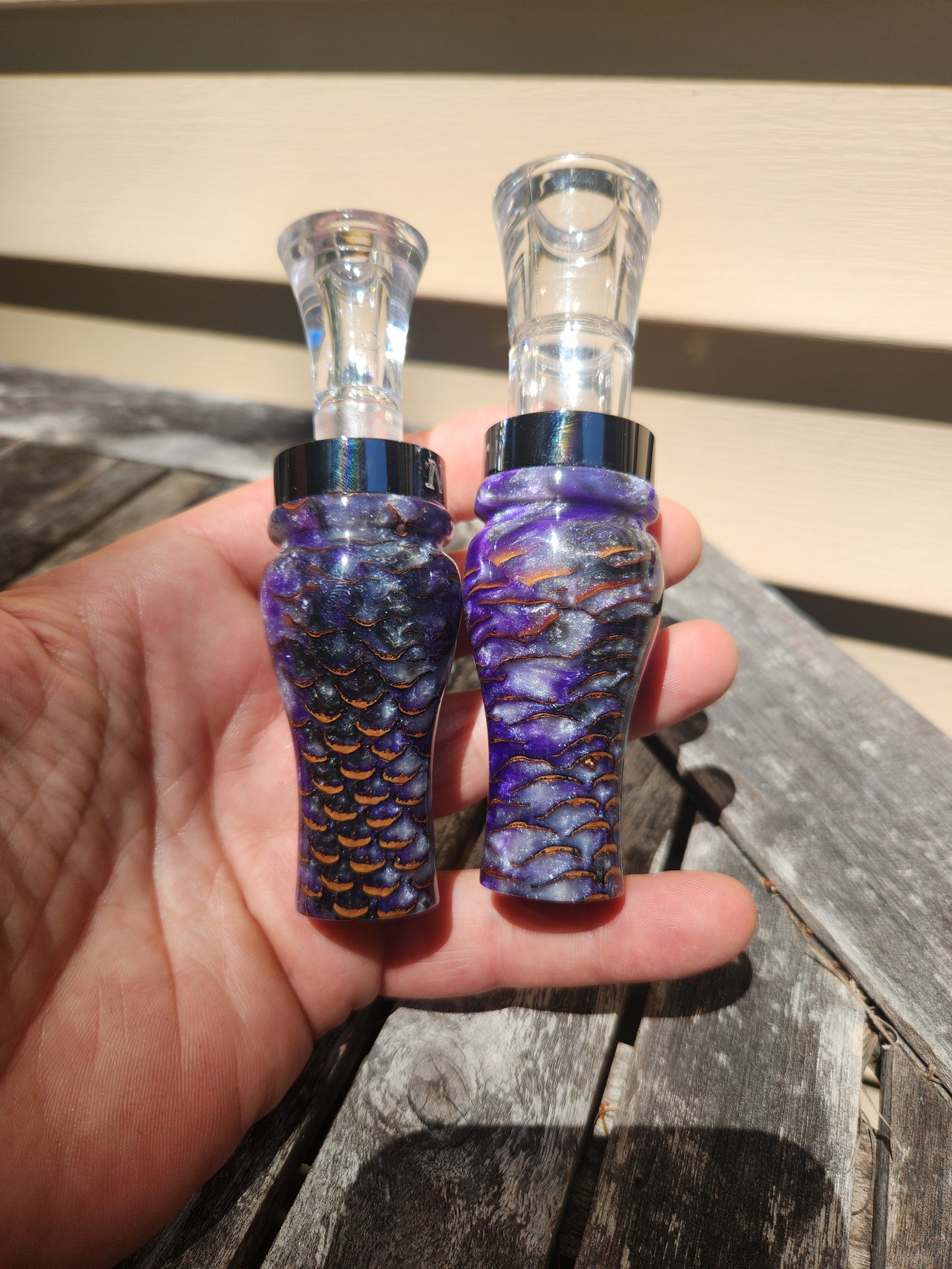 Duck and goose call set pine cone in resin