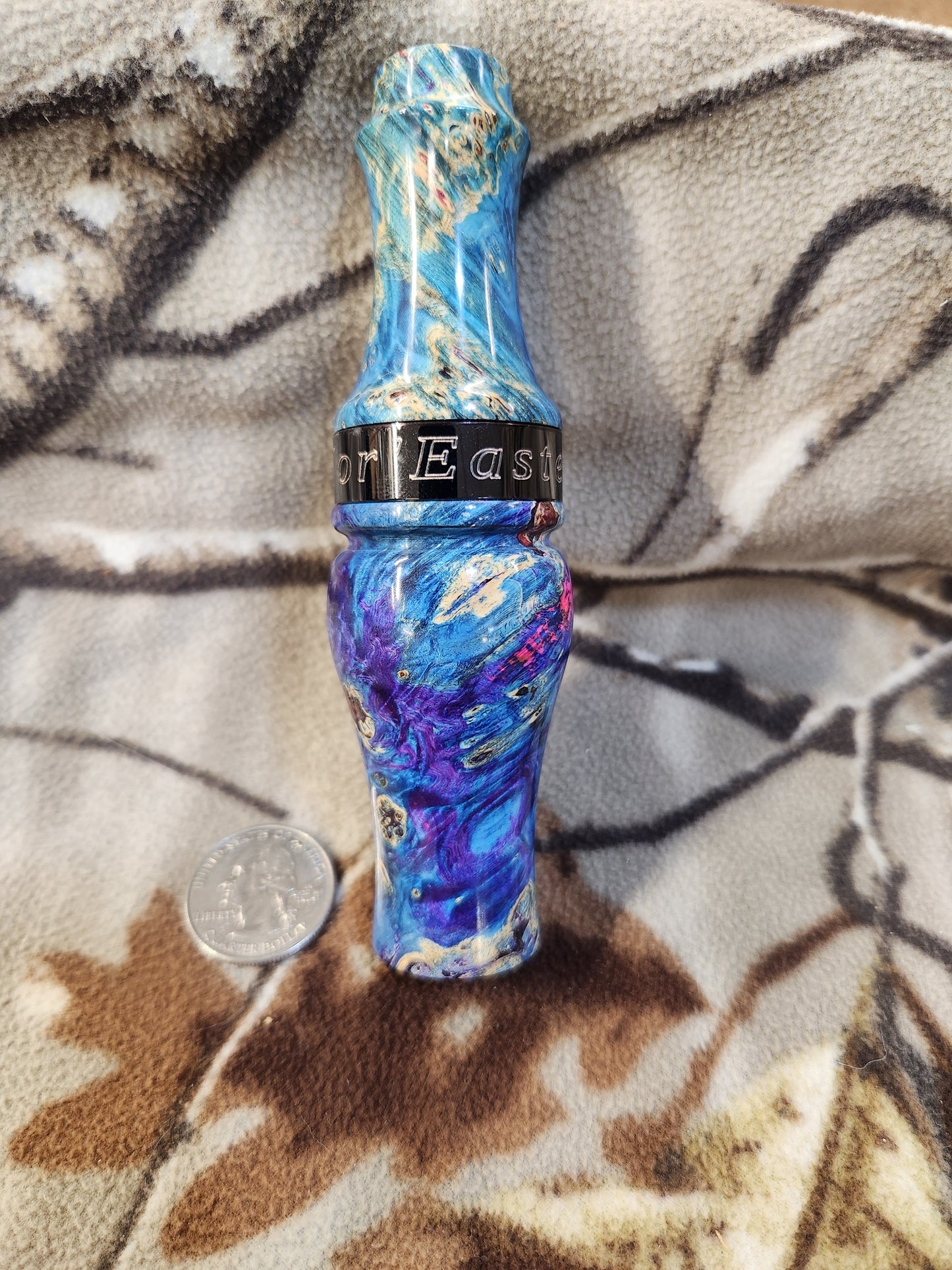 Double reed duck call made from stabilized and dyed boxelder burl wood cocobolo wood tone board