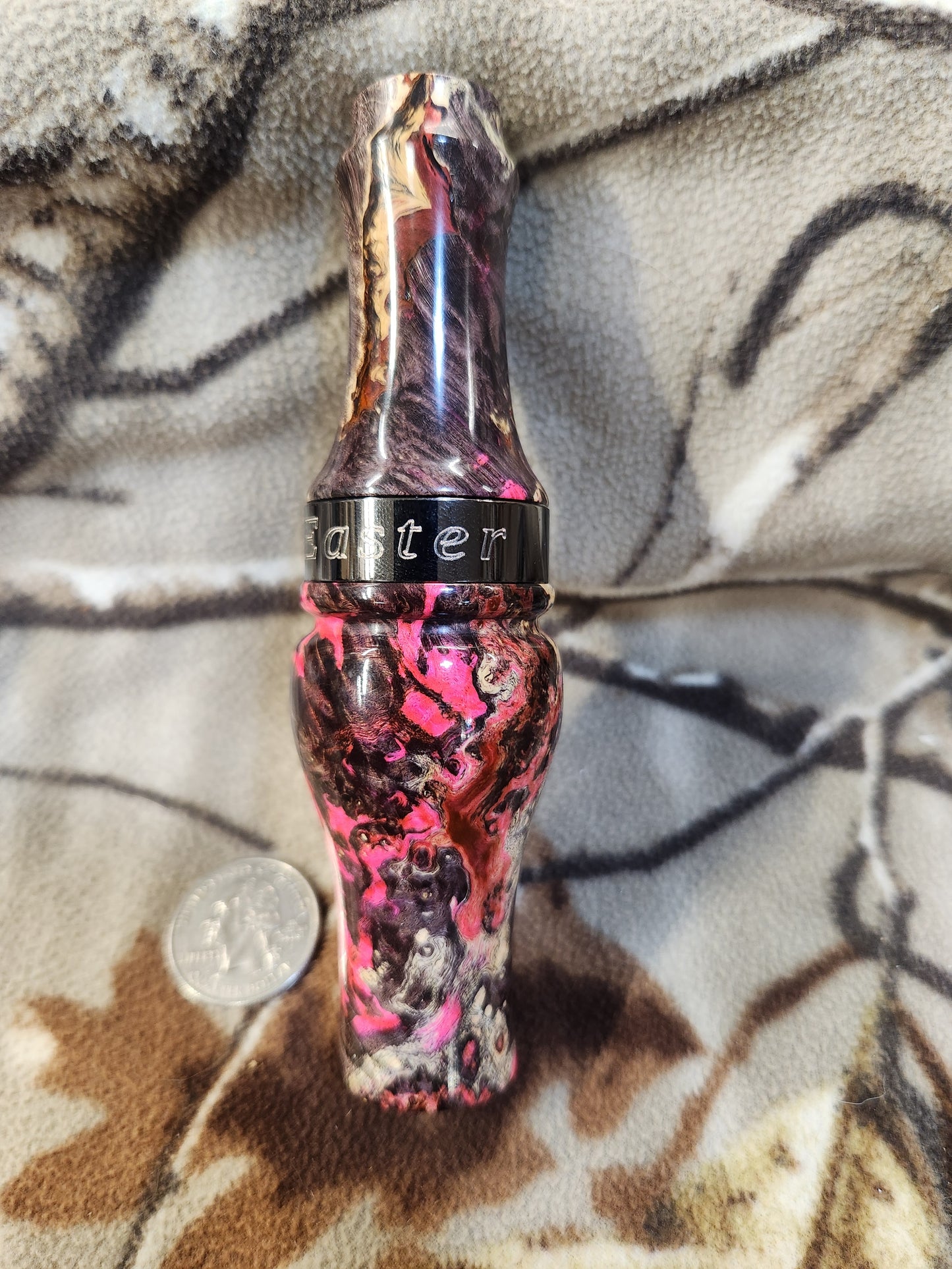 Double reed duck call made with stabilized and Dyed boxelder Burl Wood and cocobolo wood