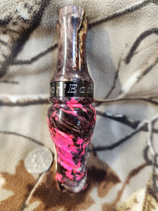 Double reed duck call made with stabilized and Dyed boxelder Burl Wood and cocobolo wood