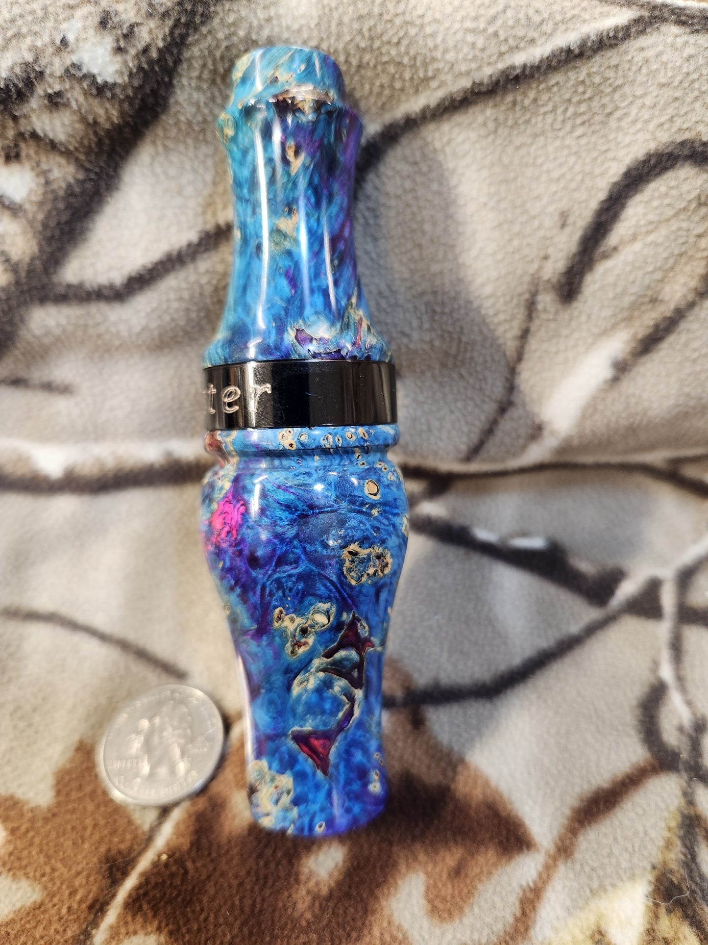 Double reed duck call made from stabilized and dyed boxelder burl wood cocobolo wood tone board