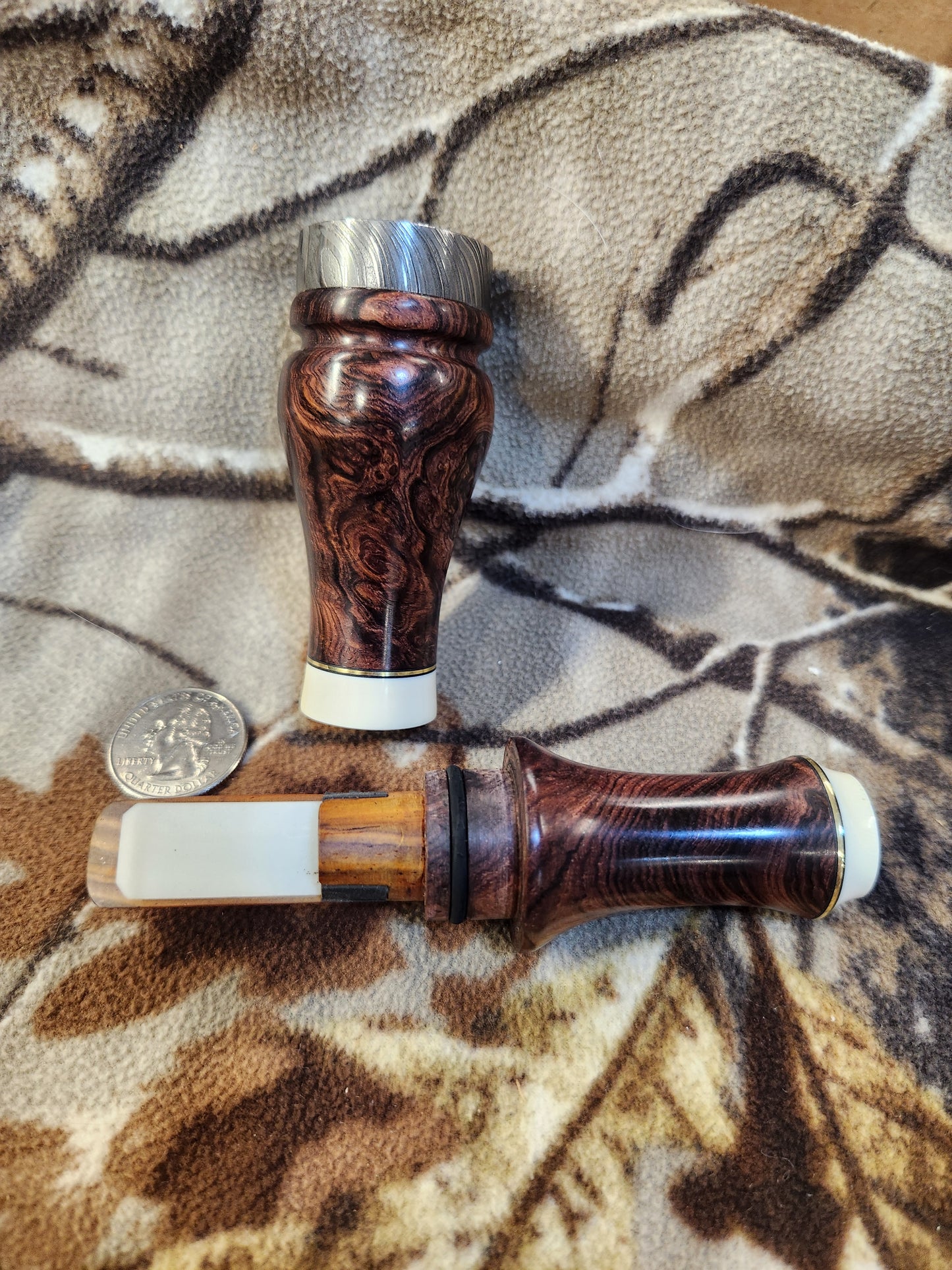 Honduran rose wood burl and Mammoth Ivory double reed duck call