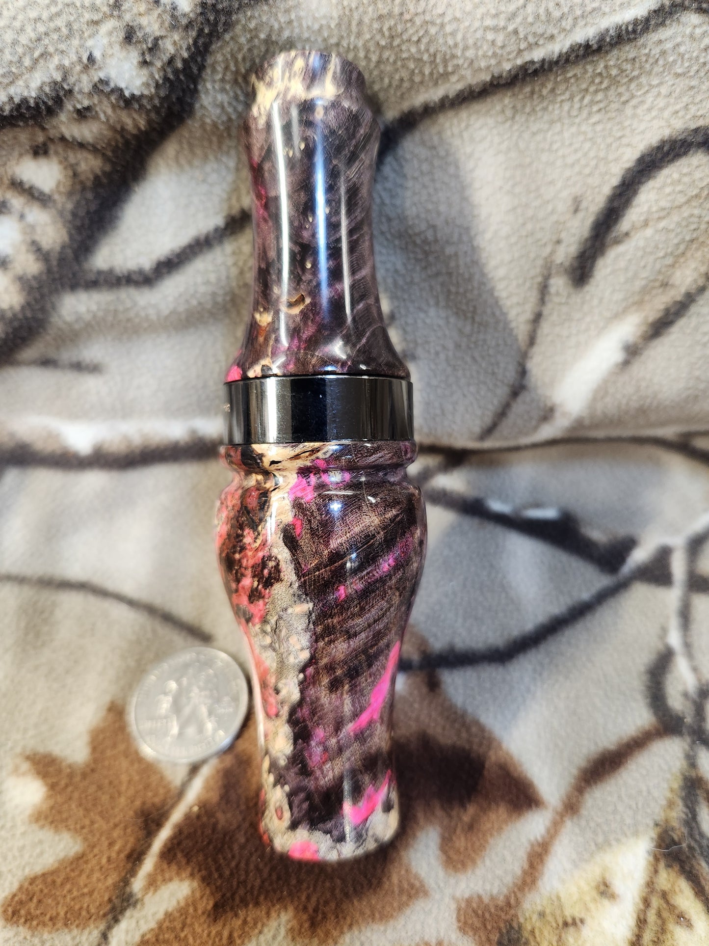 Double reed duck call made with stabilized and Dyed boxelder Burl Wood and cocobolo wood
