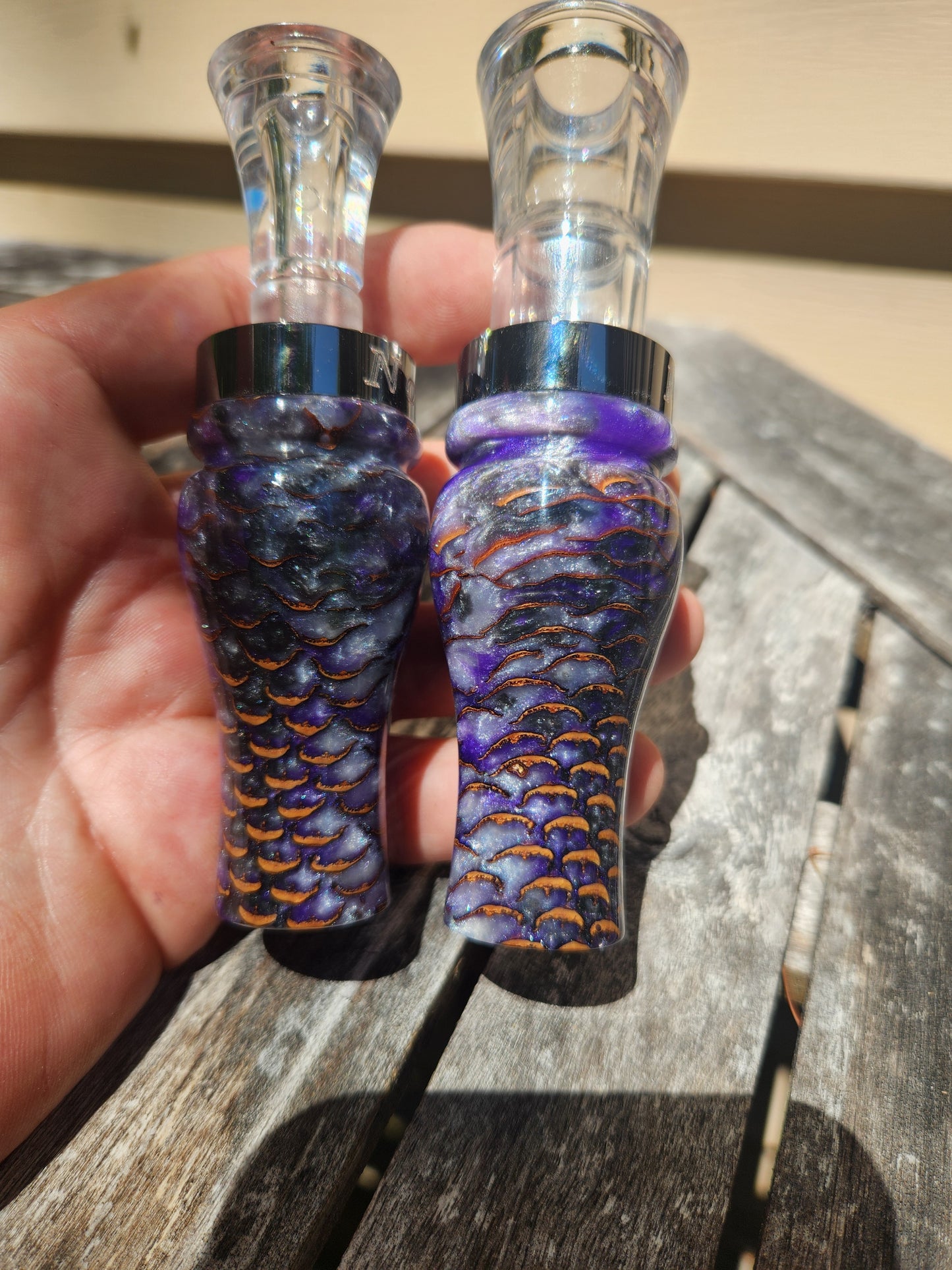 Duck and goose call set pine cone in resin