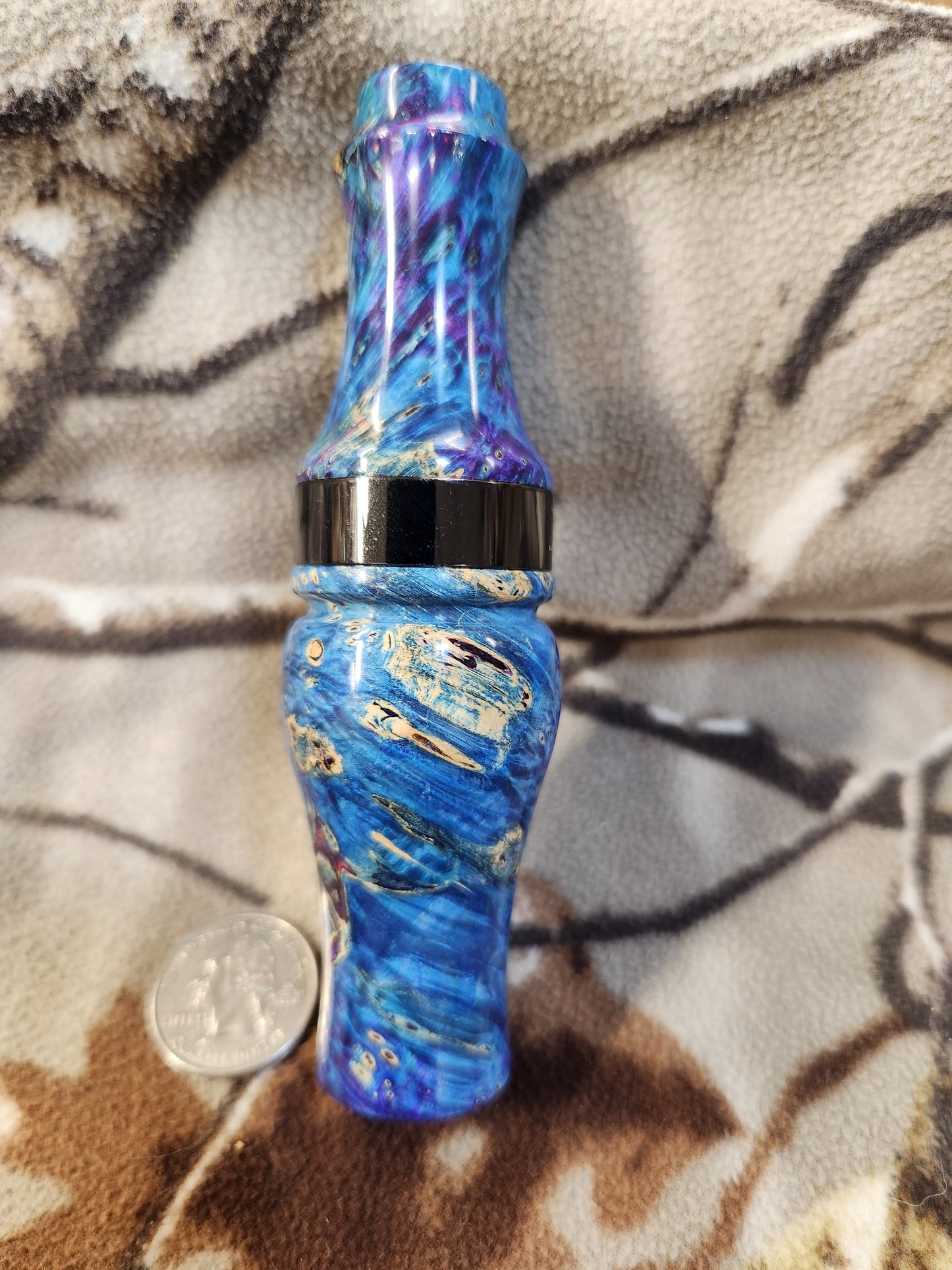 Double reed duck call made from stabilized and dyed boxelder burl wood cocobolo wood tone board