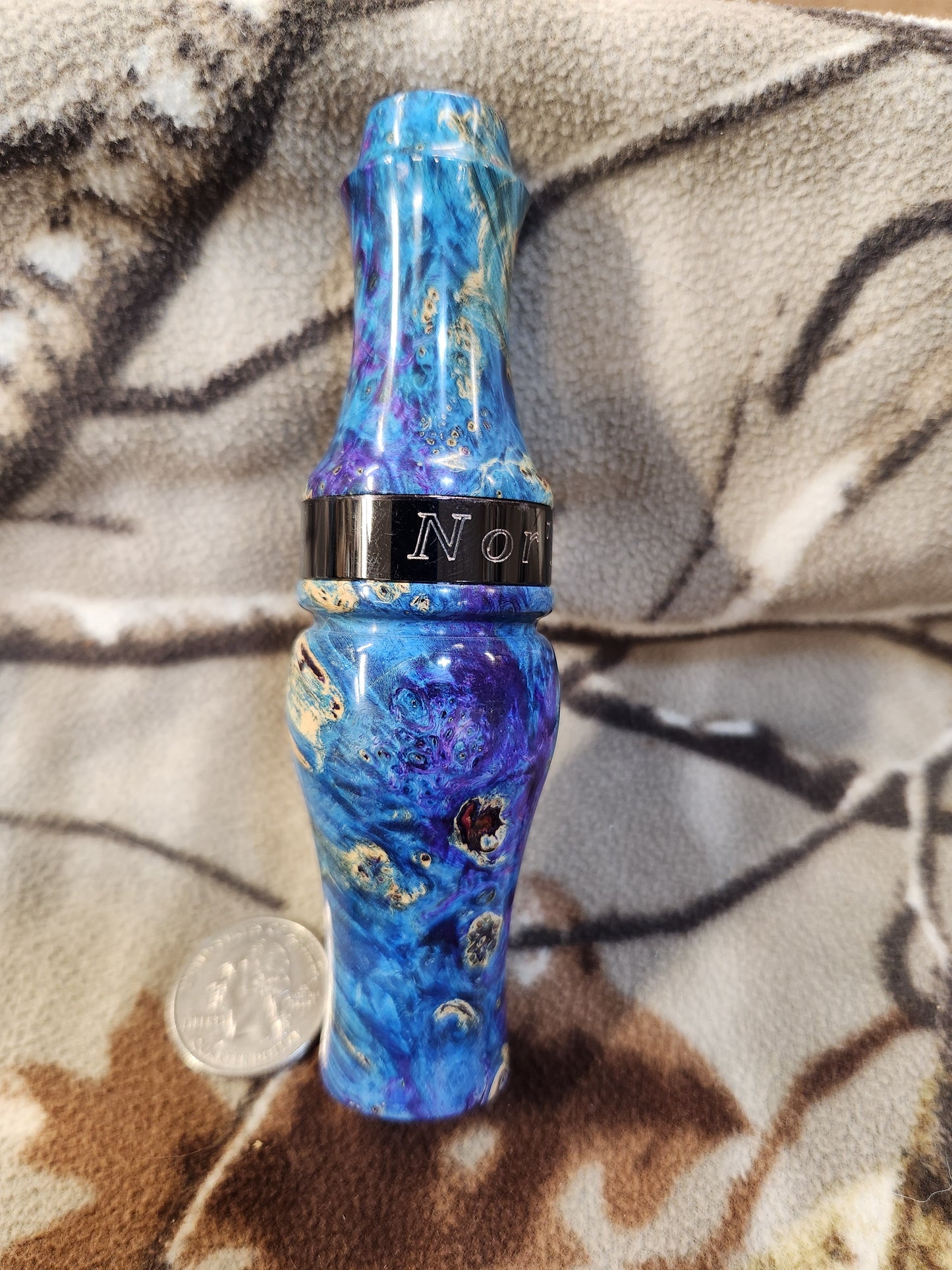 Double reed duck call made from stabilized and dyed boxelder burl wood cocobolo wood tone board