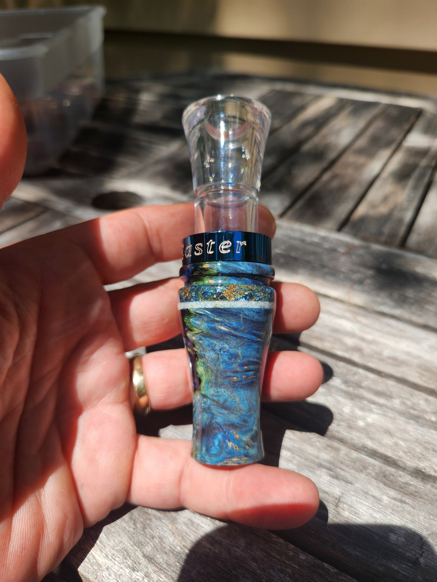 Boxelder burl wood with warthog ivory inlay short reed goose call