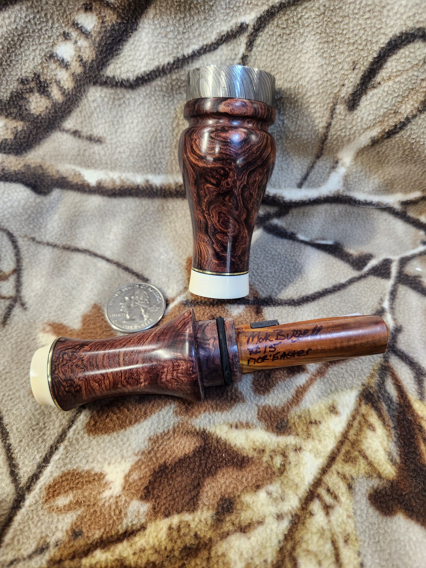 Honduran rose wood burl and Mammoth Ivory double reed duck call