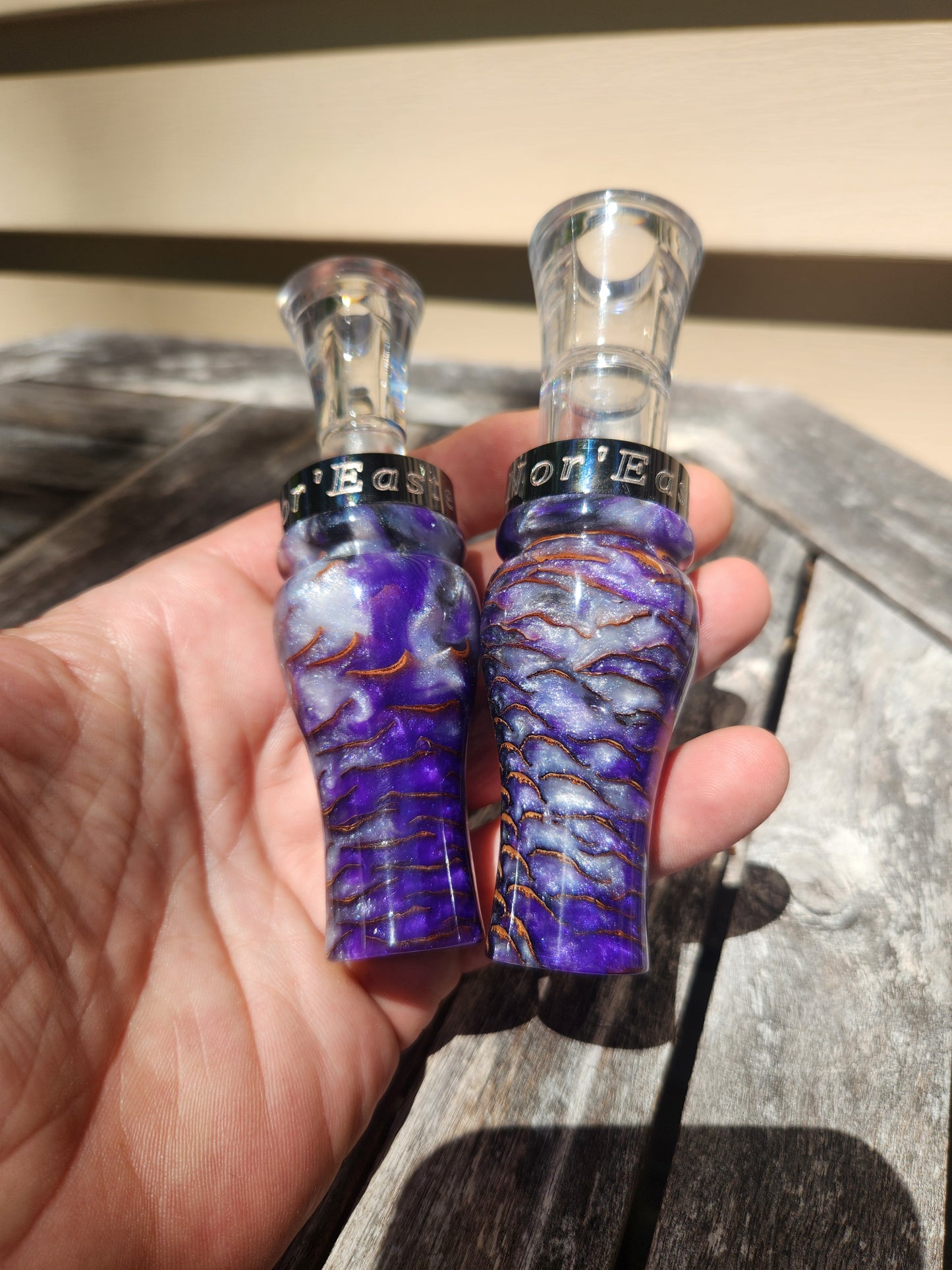 Duck and goose call set pine cone in resin