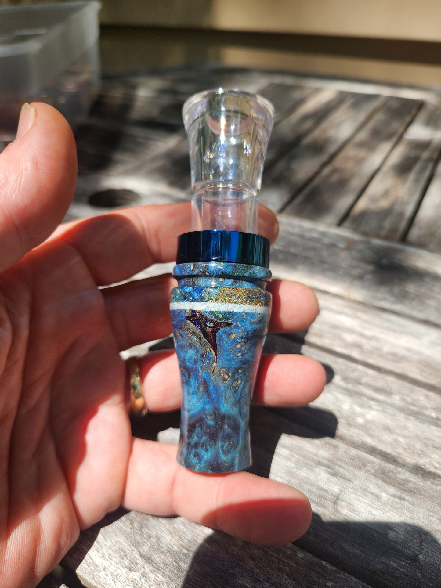 Boxelder burl wood with warthog ivory inlay short reed goose call