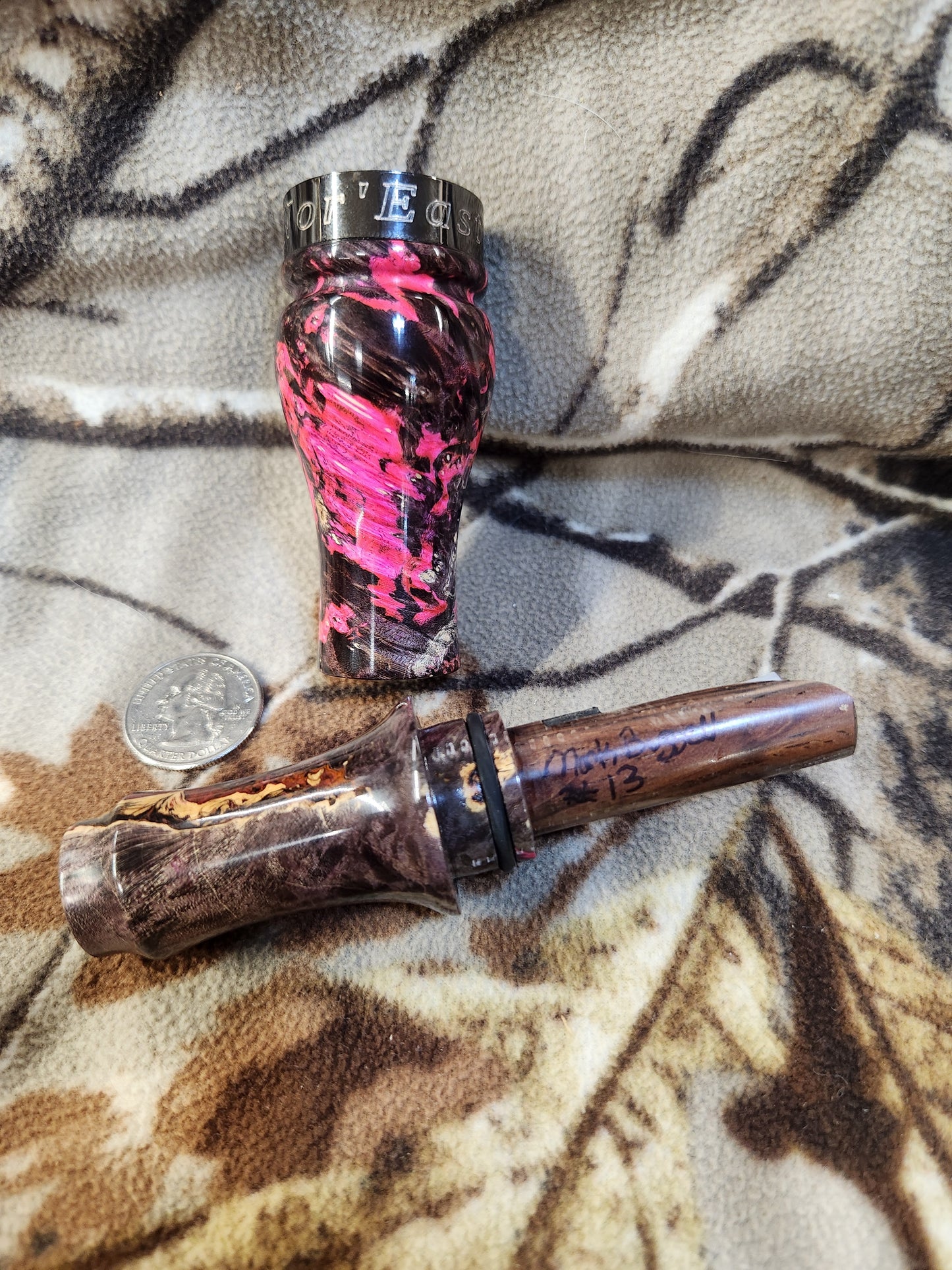 Double reed duck call made with stabilized and Dyed boxelder Burl Wood and cocobolo wood