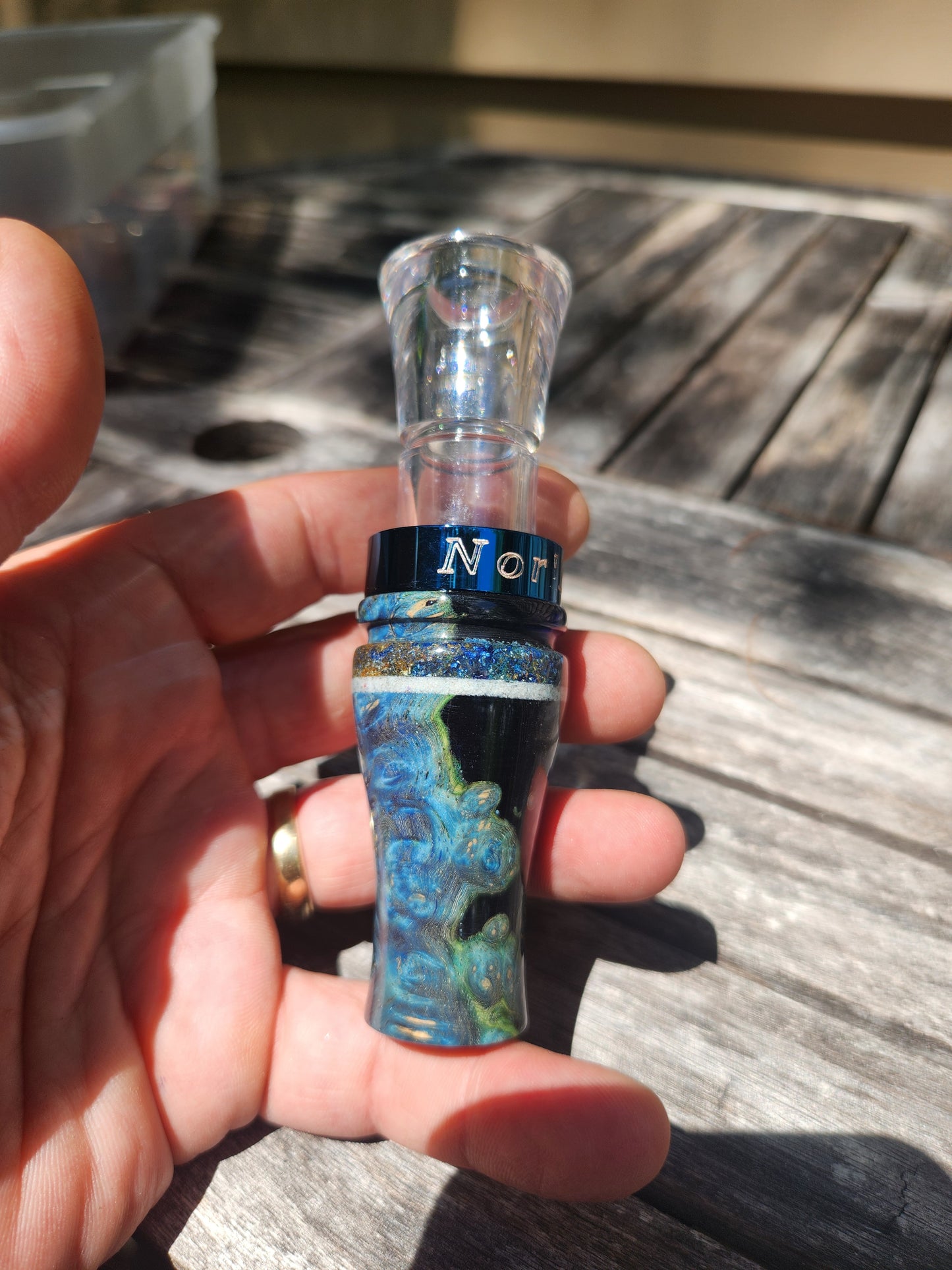 Boxelder burl wood with warthog ivory inlay short reed goose call