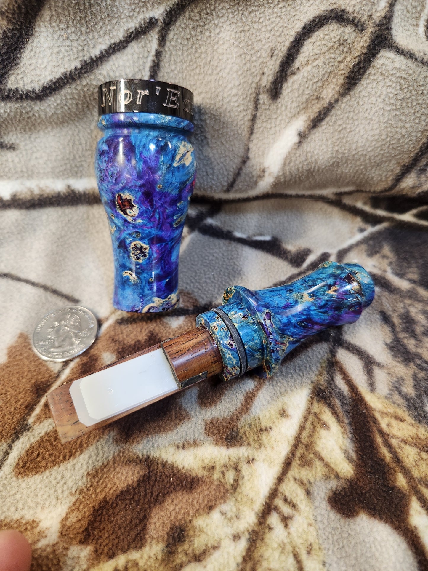 Double reed duck call made from stabilized and dyed boxelder burl wood cocobolo wood tone board