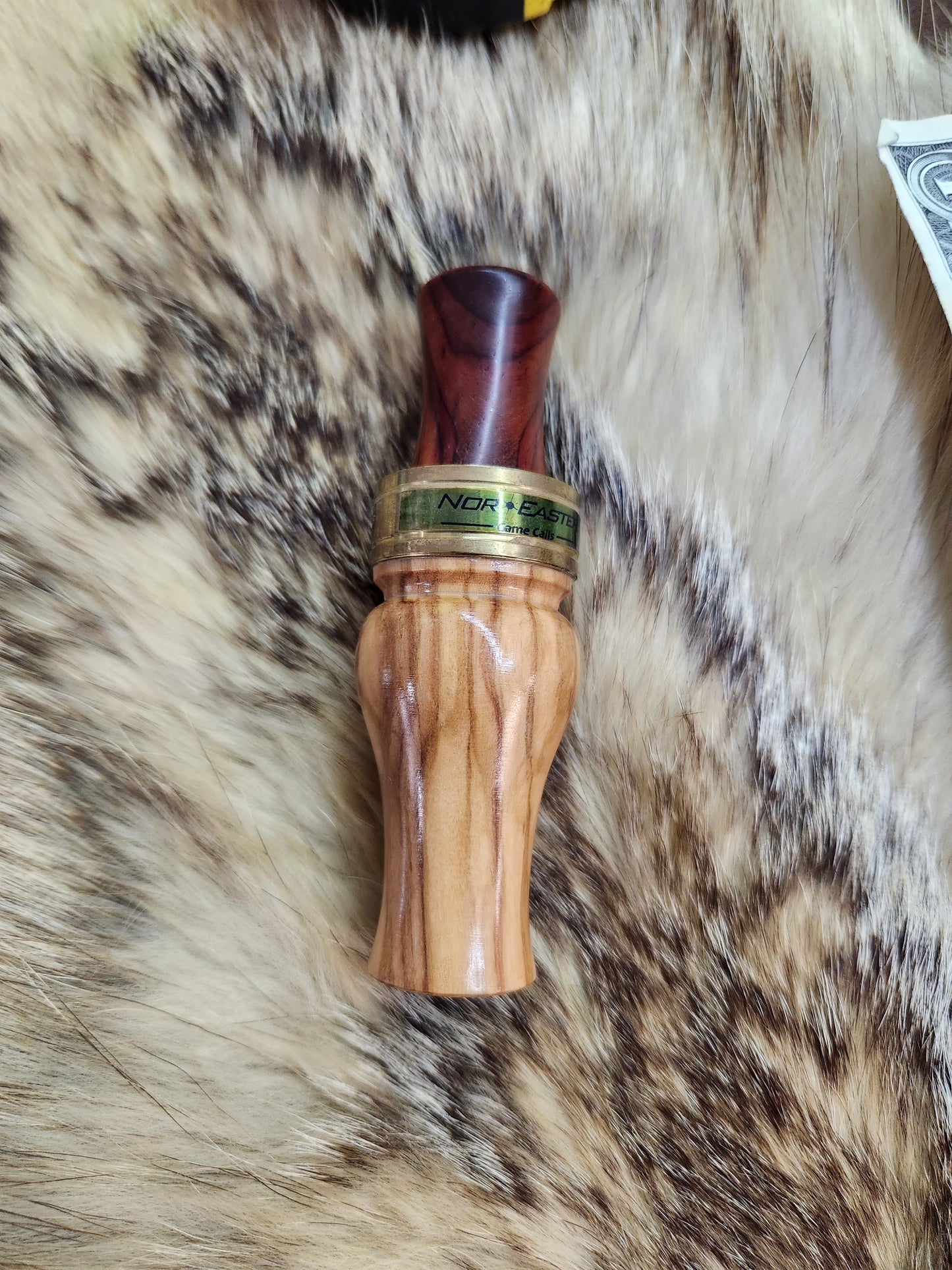 Custom mallard duck call Olive wood with cocbolo wood double reed tone board