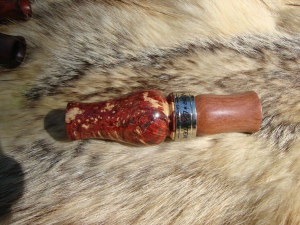 custom made short reed goose call is made from stabilized double dyed boxelder burl wood with rose wood insert