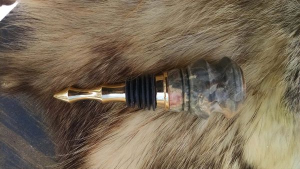 custom wine bottle stopper made with double dyed grey and brown boxelder burl wood