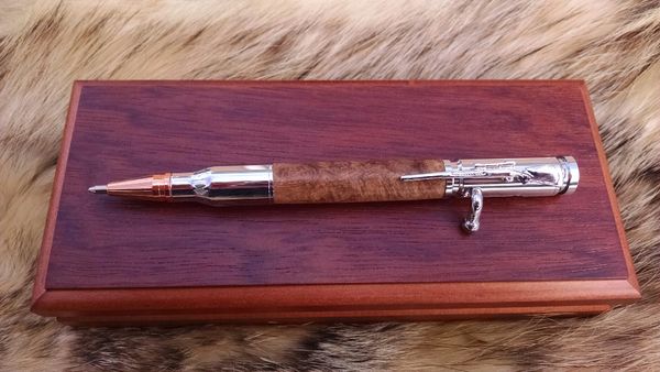 30cal Bolt action pen in silver with burl cherry wood