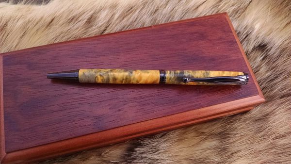 Cross style custom pen in gun metal with double dyed boxelder burl wood